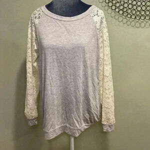 Light gray sweatshirt like top with lace accent sleeves- Size Large
